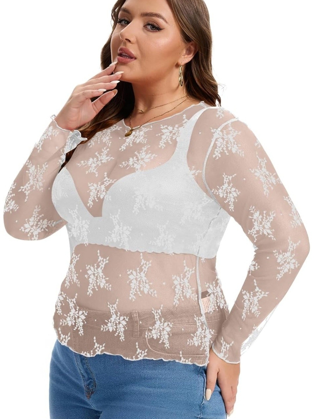 Sheer Floral Lace Long Sleeve Top - White